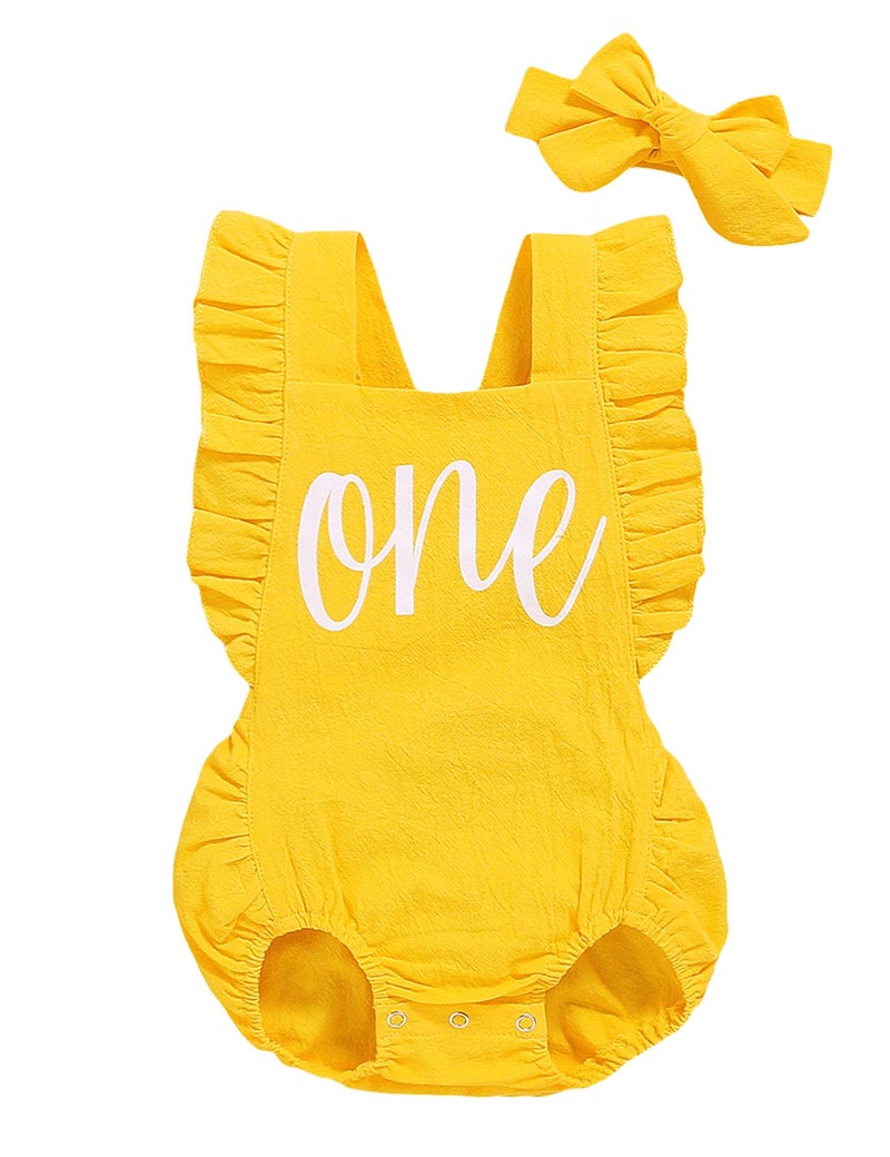 Shalofer Baby Girls One Year Old Outfits First Birthday Clothes Cute Backless Ruffles Jumpsuit with Headband (Yellow,12-18 Months) - Image 1